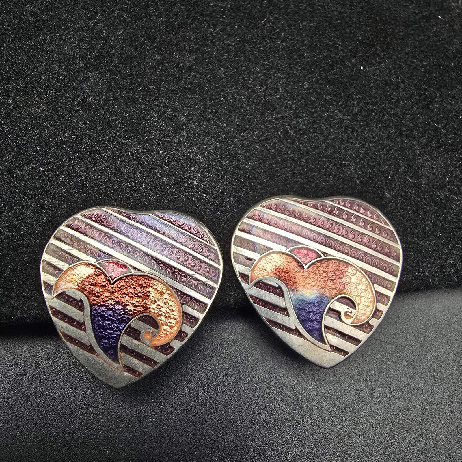 Cloisonne Purple Peach Bell Flower Clip On Earrings Enamel Vintage 15$